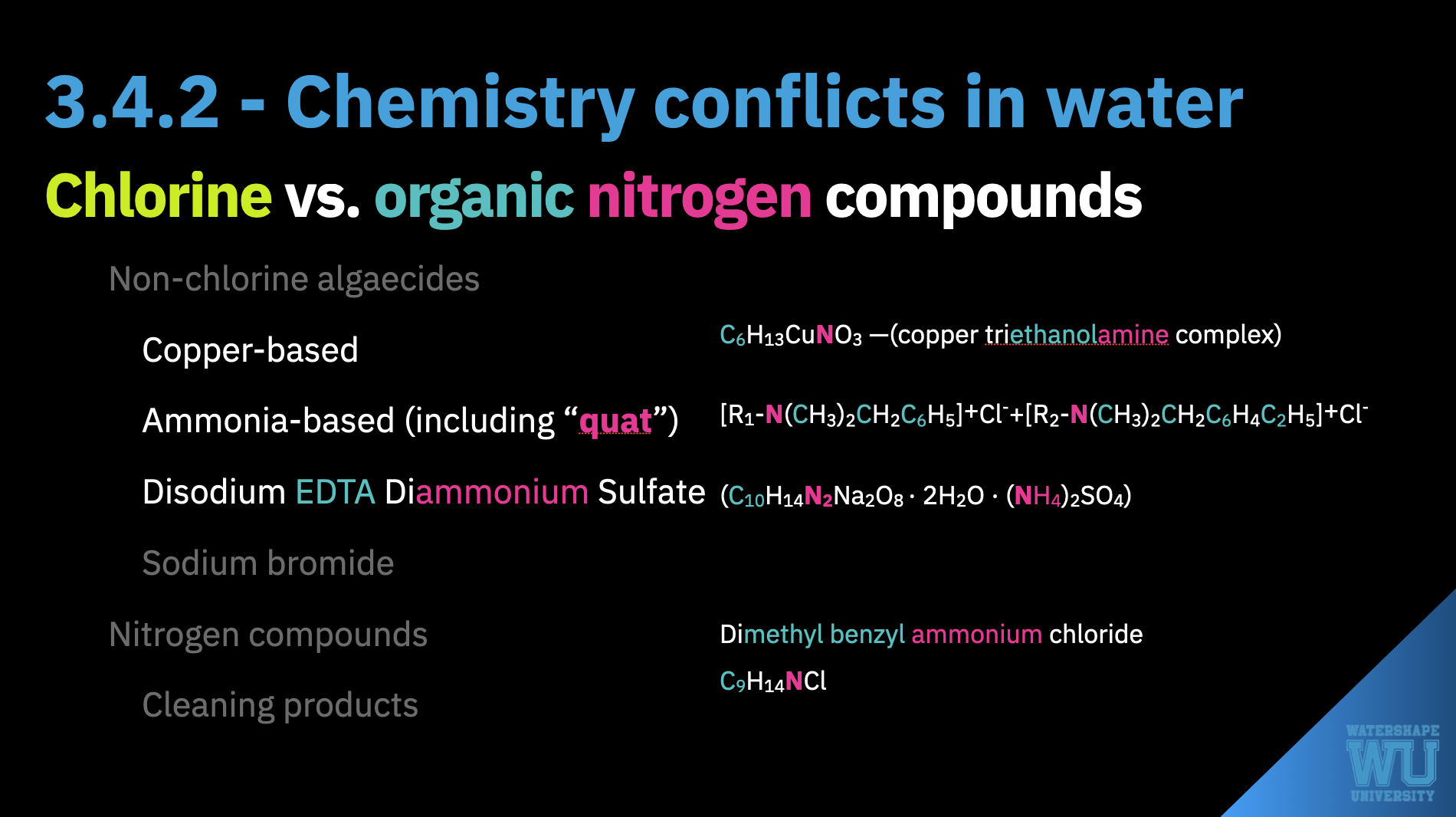 A list of pool algaecides that contain organic nitrogen, which conflict with chlorine and create harmful byproducts, many variations of chloramines and trihalomathanes in pools