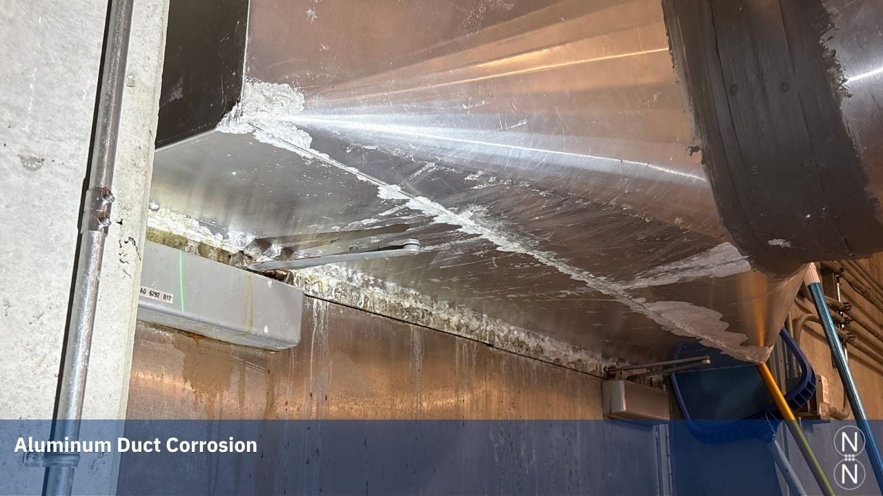 indoor pool aluminum duct corrosion from chloramines, white corrosion under metal duct
