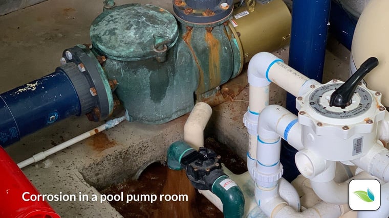 corrosion in a swimming pool pump room, chloramine consulting, iron in pool water, galvanic corrosion, atmospheric corrosion, chloride-induced corrosion