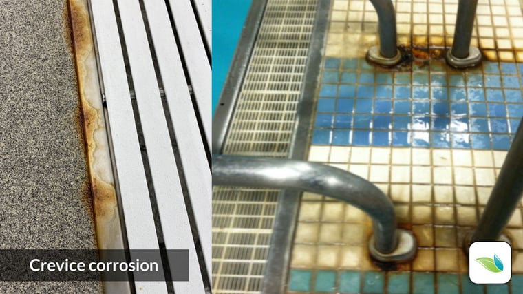 crevice corrosion in an indoor swimming pool. Stagnant chlorinated water corrodes stainless steel over time.