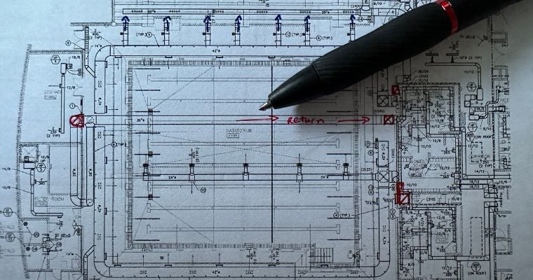 natatorium mechanical drawings with red ink notes during indoor pool facility evaluation, chloramine consulting