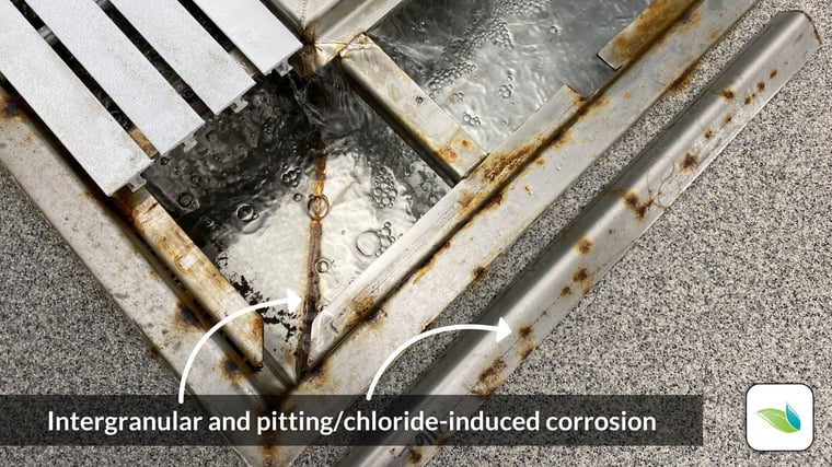 intergranular corrosion along metal edges and weld joints, along with chloride-induced corrosion on 316L stainless in an indoor swimming pool.