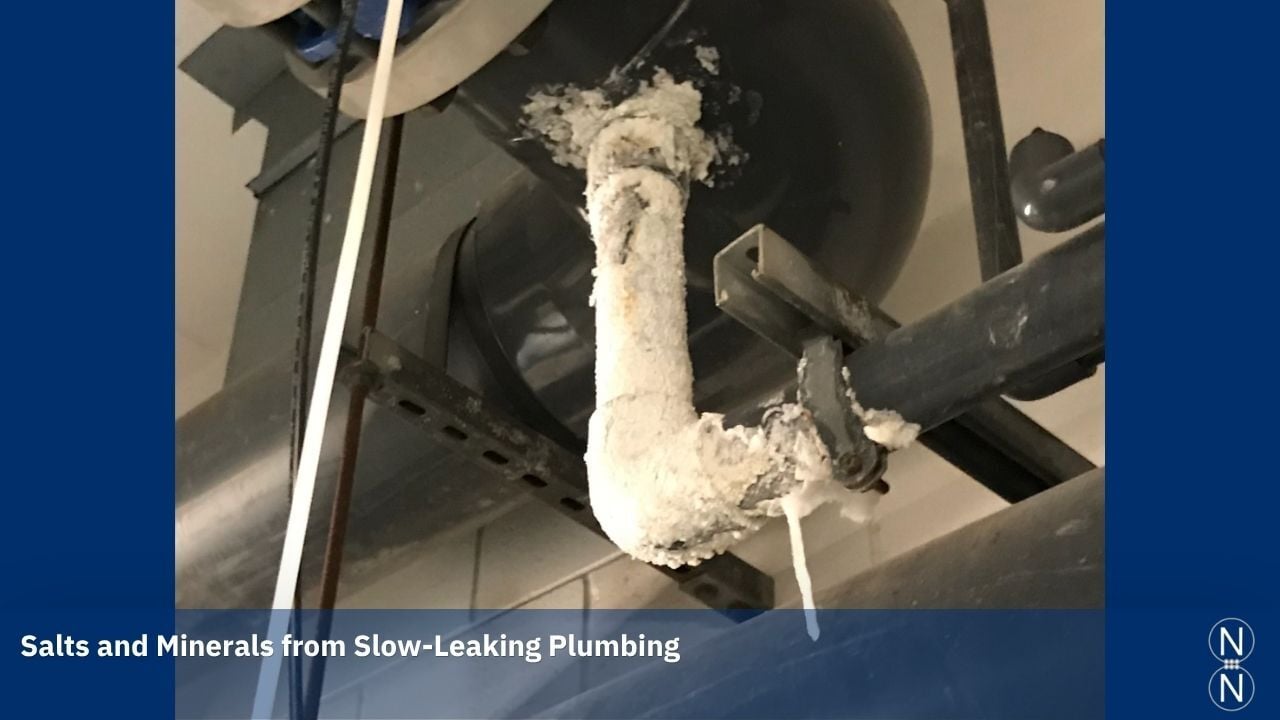 chloride salts leaking out of pool plumbing fitting, commercial pool