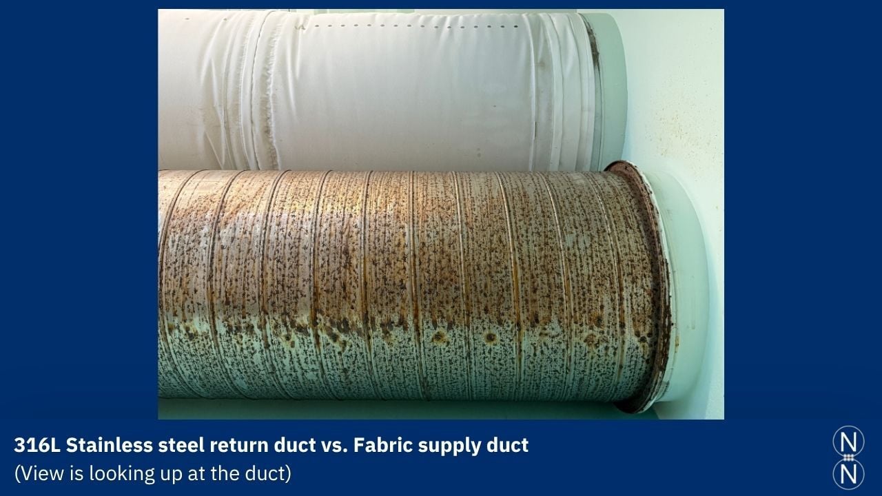 chloramine corrosion of 316L stainless duct vs fabric duct in an indoor pool