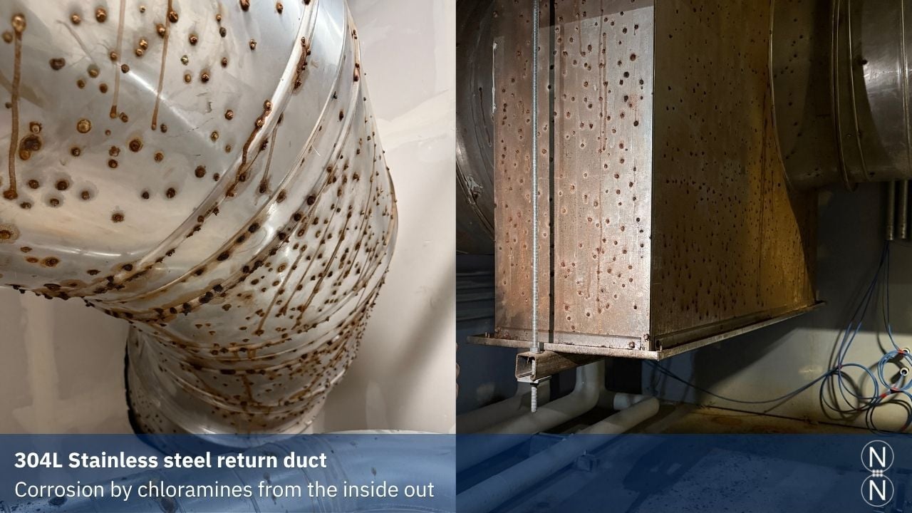 stainless steel return air duct, indoor pool, chloramine corrosion from inside out