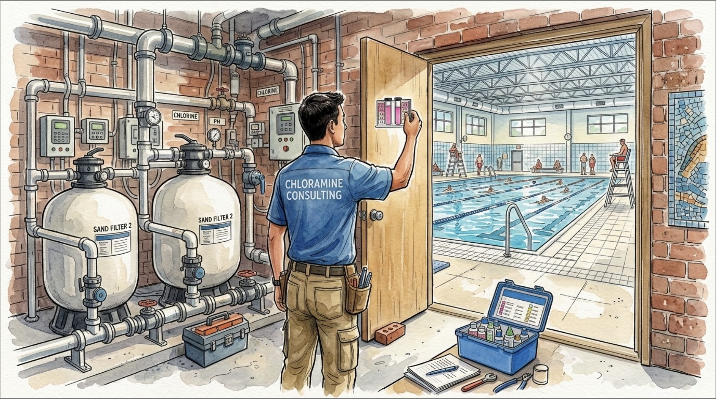 certified pool operator testing combined chlorine on an indoor pool with bad air quality